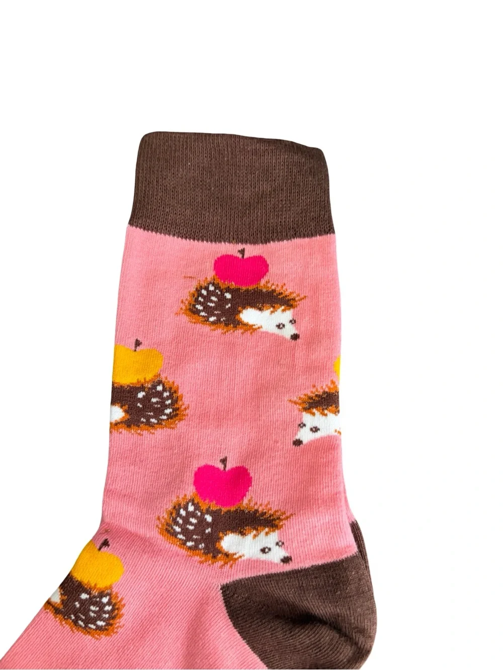 Hedgehog Apple Colorful Novelty Crew Socks Womens Pink and Brown